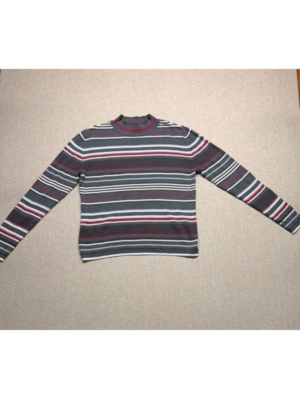 Laura Scott Ribbed Mock Neck Sweater Gray Stripe Long Sleeve Women's M 10-12